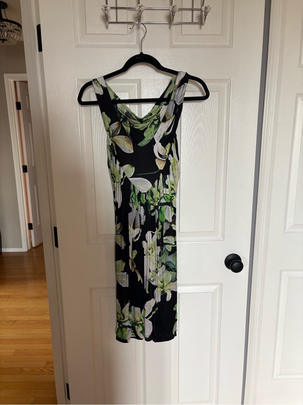 Roberto Cavalli Black Midi Dress with Green and White Floral Print
